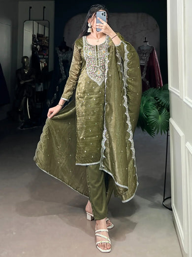 Astonishing Olive Green Thread Embroidered Mehendi Wear Pant Suit